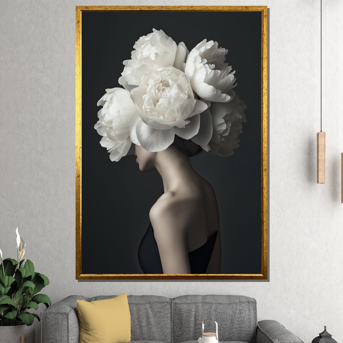 Minimalist Woman With White Peonies Black Background Wall Art