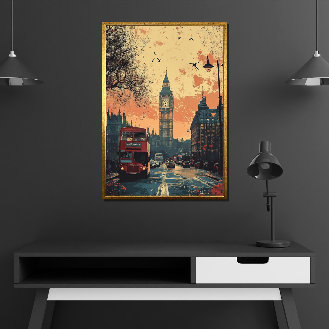 Vintage London Red Bus Big Ben Retro Sunset Street Travel Poster - Image 2