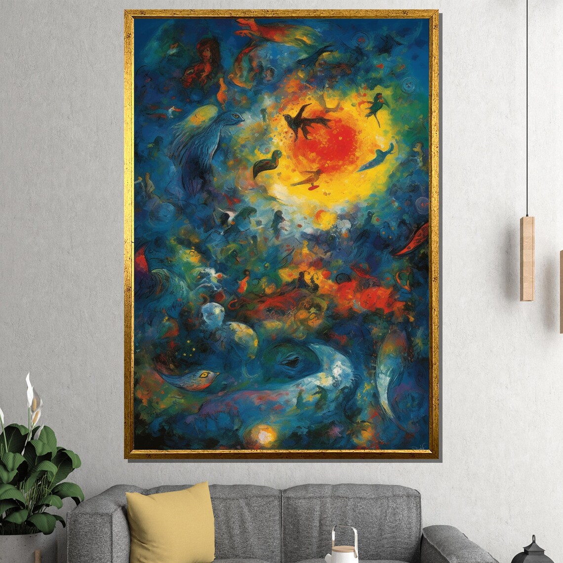 Dreamy Blue Cosmos Birds Sun Surreal Abstract Night Sky Poster