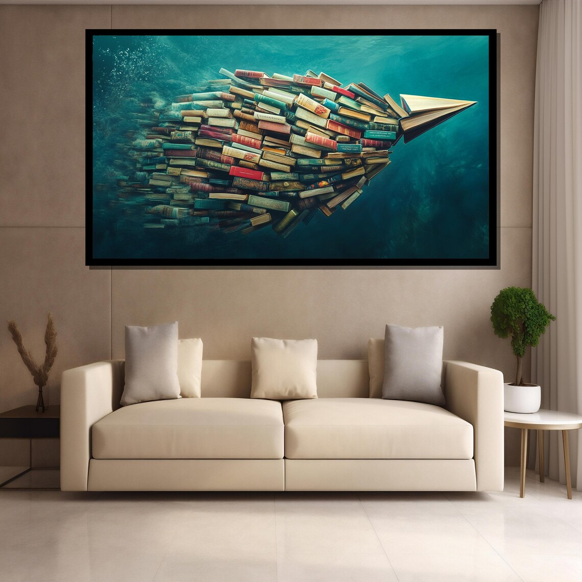 Surreal Underwater Arrow Made of Books Teal Ocean Knowledge Art Poster - Image 3
