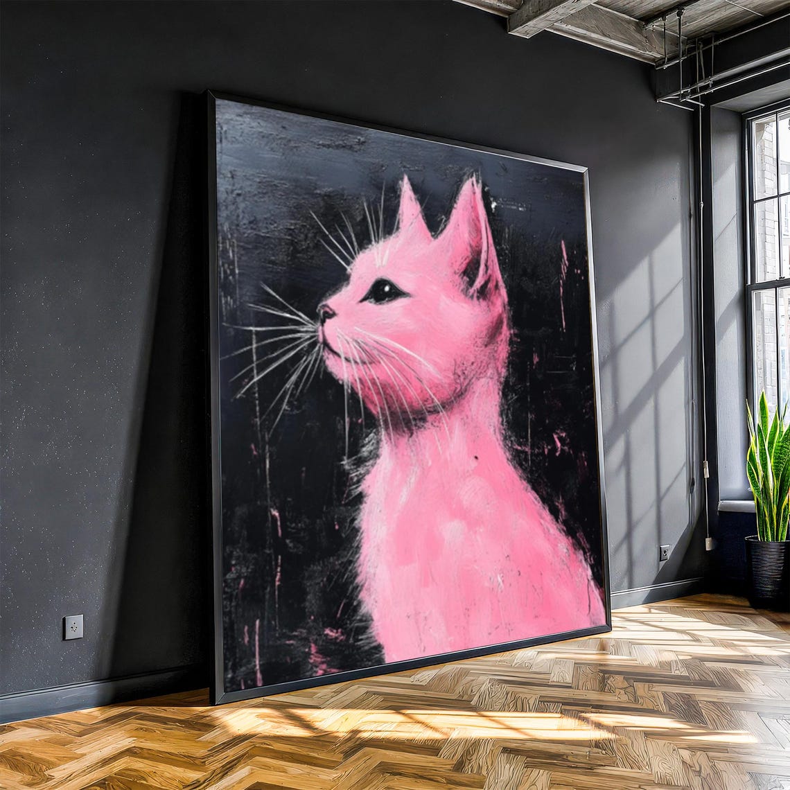 Dreamy Pink Cat Portrait Moody Black Background Modern Poster