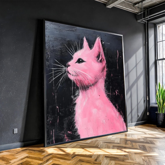 Dreamy Pink Cat Portrait Moody Black Background Modern Poster