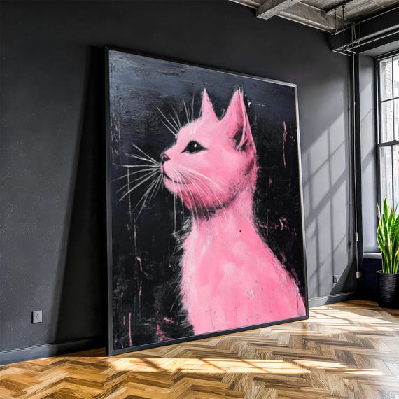 Pink Cat Canvas Painting Bold Modern Pop Art Wall Decor Ready To Hang Gift For Lovers