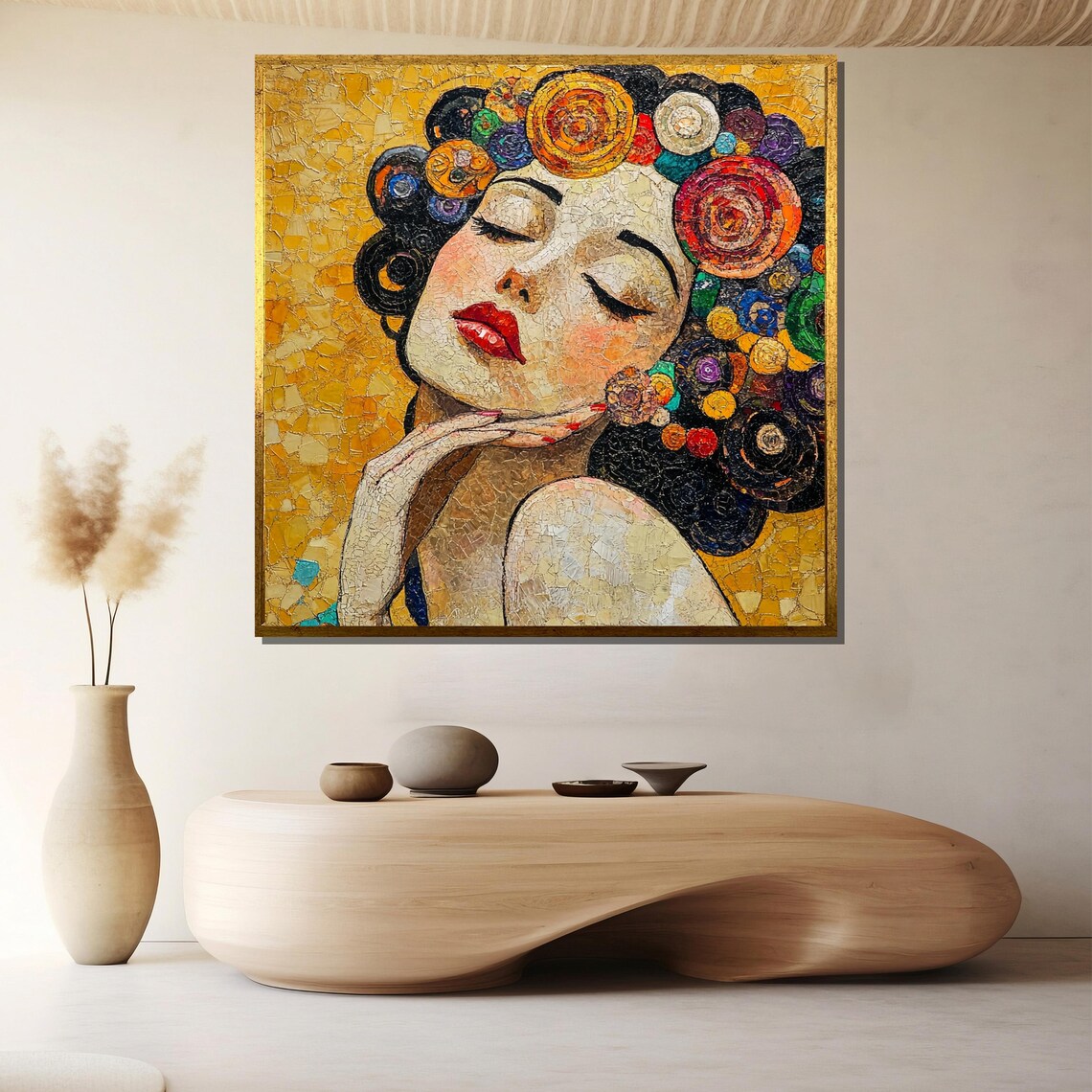 Mosaic Woman Portrait Colorful Spiral Hair Golden Red Lips Art Poster
