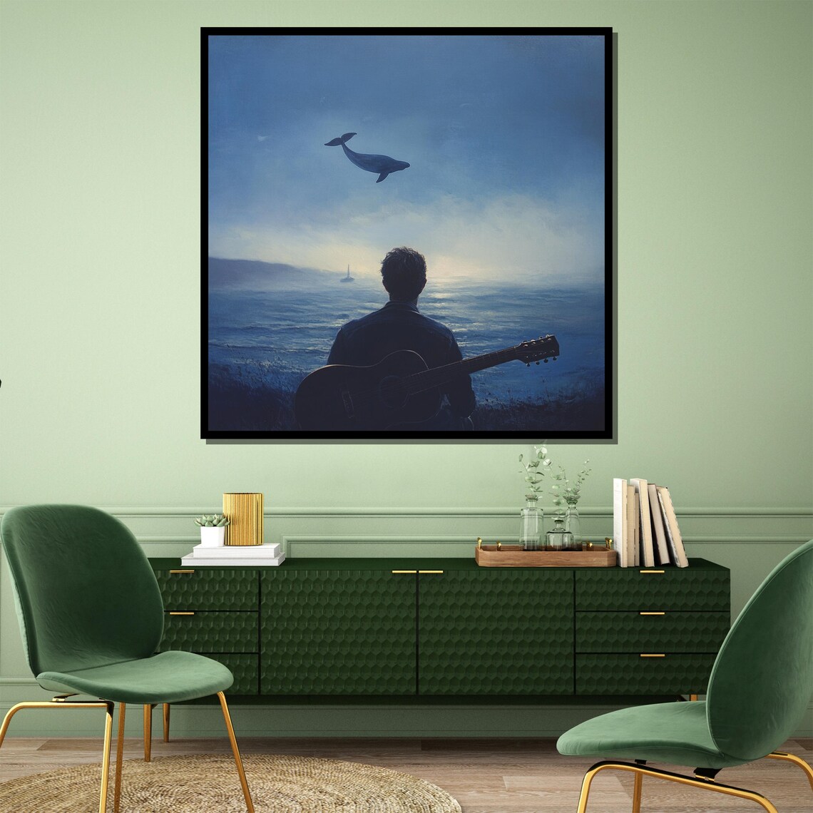 Moonlit Sea Guitarist Silhouette Flying Whale Surreal Ocean Art Poster - Image 3