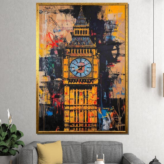 Big Ben Graffiti Canvas Painting Urban Street Art London Landmark Ready To Hang Bold Gift For Modern Travel Lovers