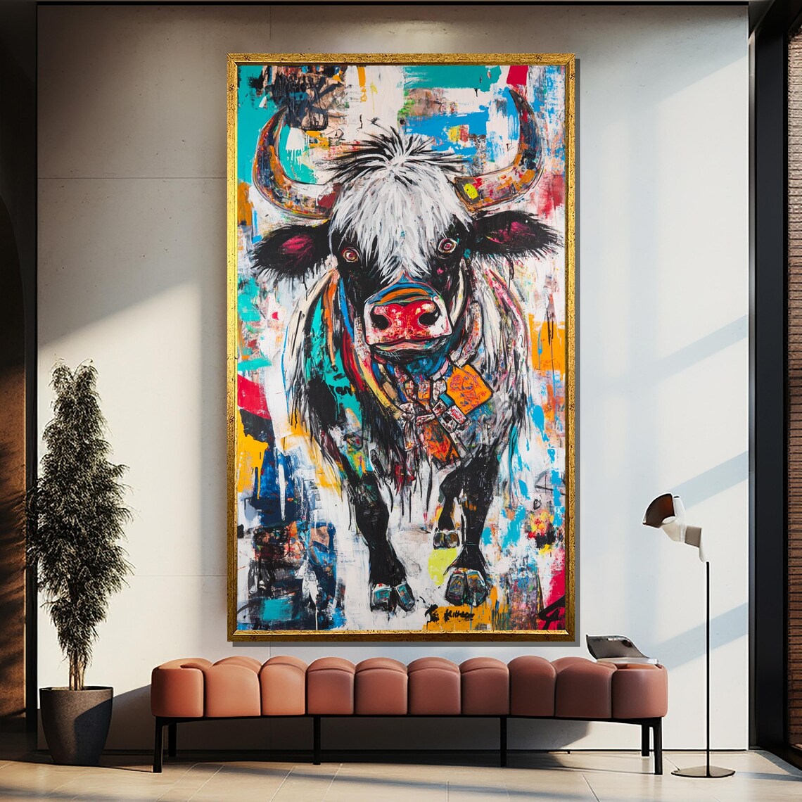 Colorful Shaggy Bull Big Horns Pop Art Vibrant Animal Poster