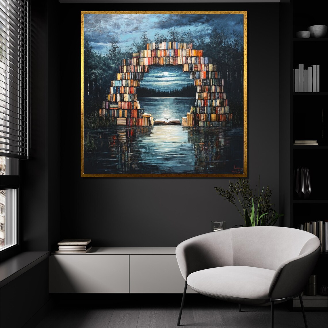 Dreamy Book Arch Over Moonlit Lake Fantasy Reading Nook Art Poster - Image 4