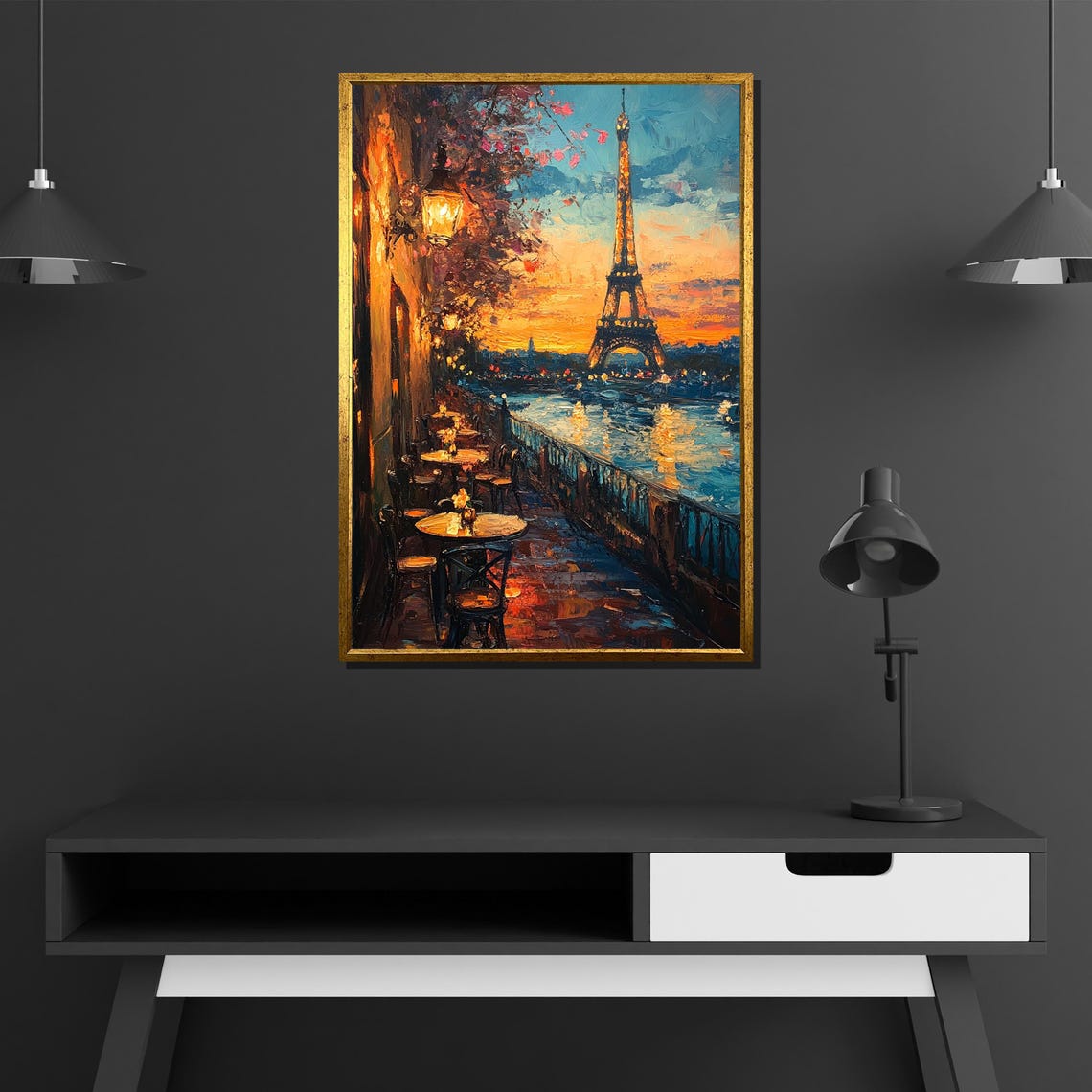 Paris Cafe Sunset Eiffel Tower Riverside Terrace Oil Style Poster - Image 2