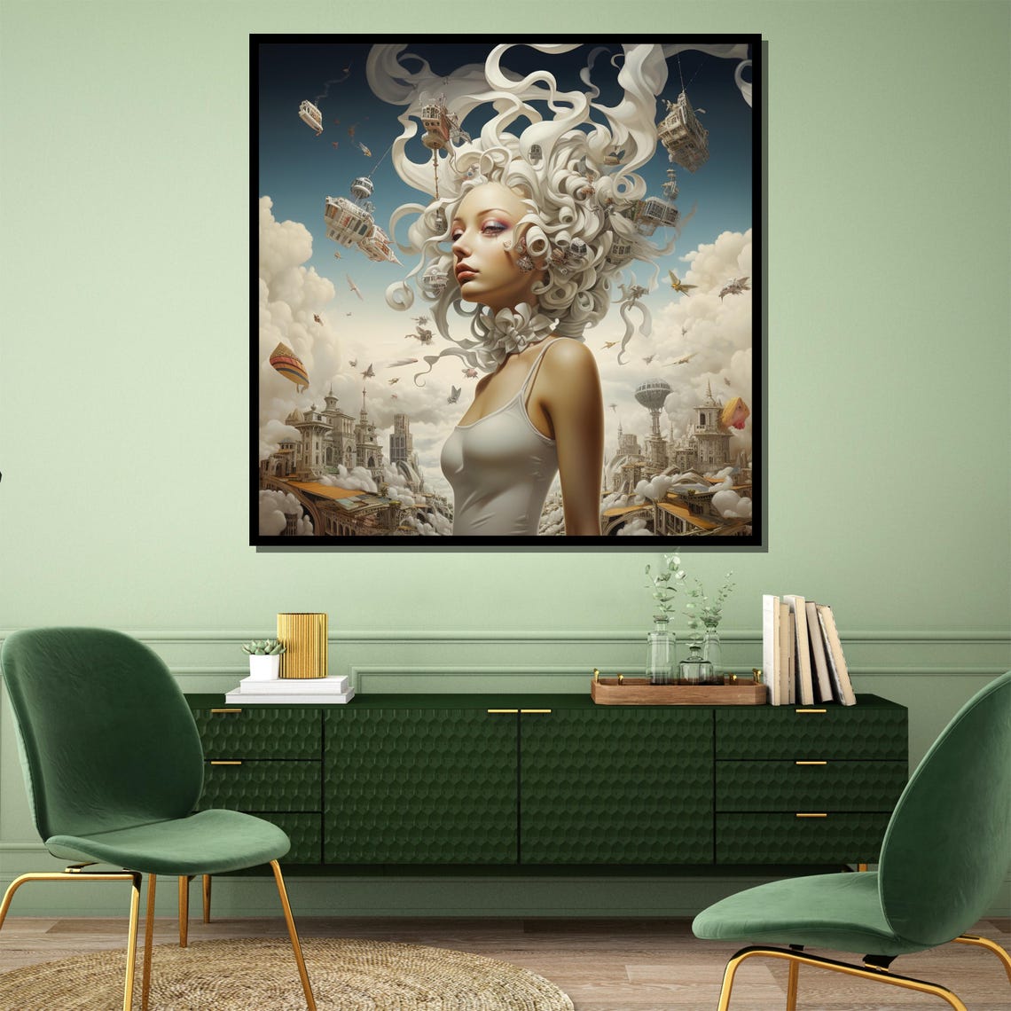 Fantasy Steampunk Woman White Cloud Hair Sky Cities Surreal Poster - Image 3