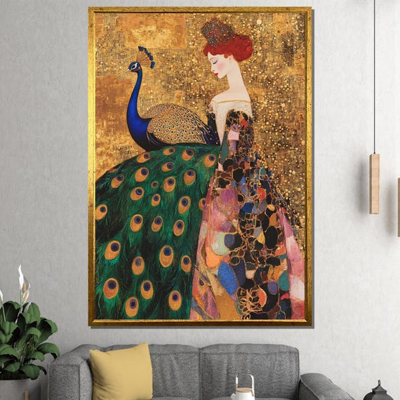 Elegant Woman With Peacock Canvas Painting Klimt Style Golden Wall Art Fantasy Feminine Gift For Living Room Gallery Or Artistic Space