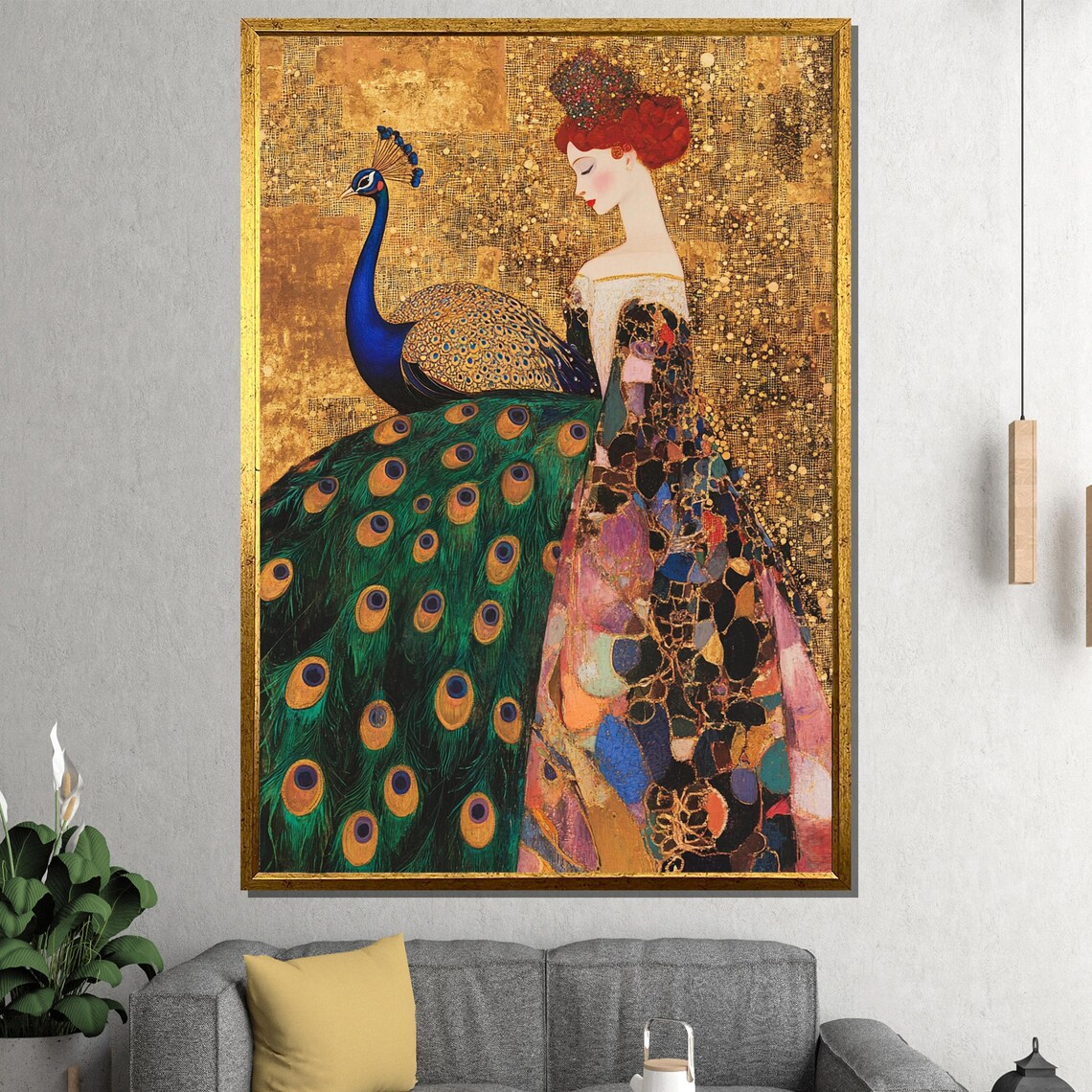 Elegant Woman With Peacock Canvas Painting Klimt Style Golden Wall Art Fantasy Feminine Gift For Living Room Gallery Or Artistic Space