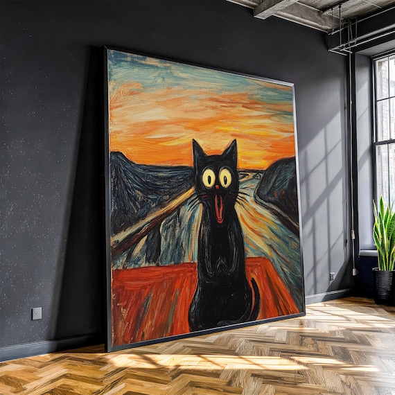 Funny Screaming Black Cat Munch Style Sunset Bridge Parody Poster
