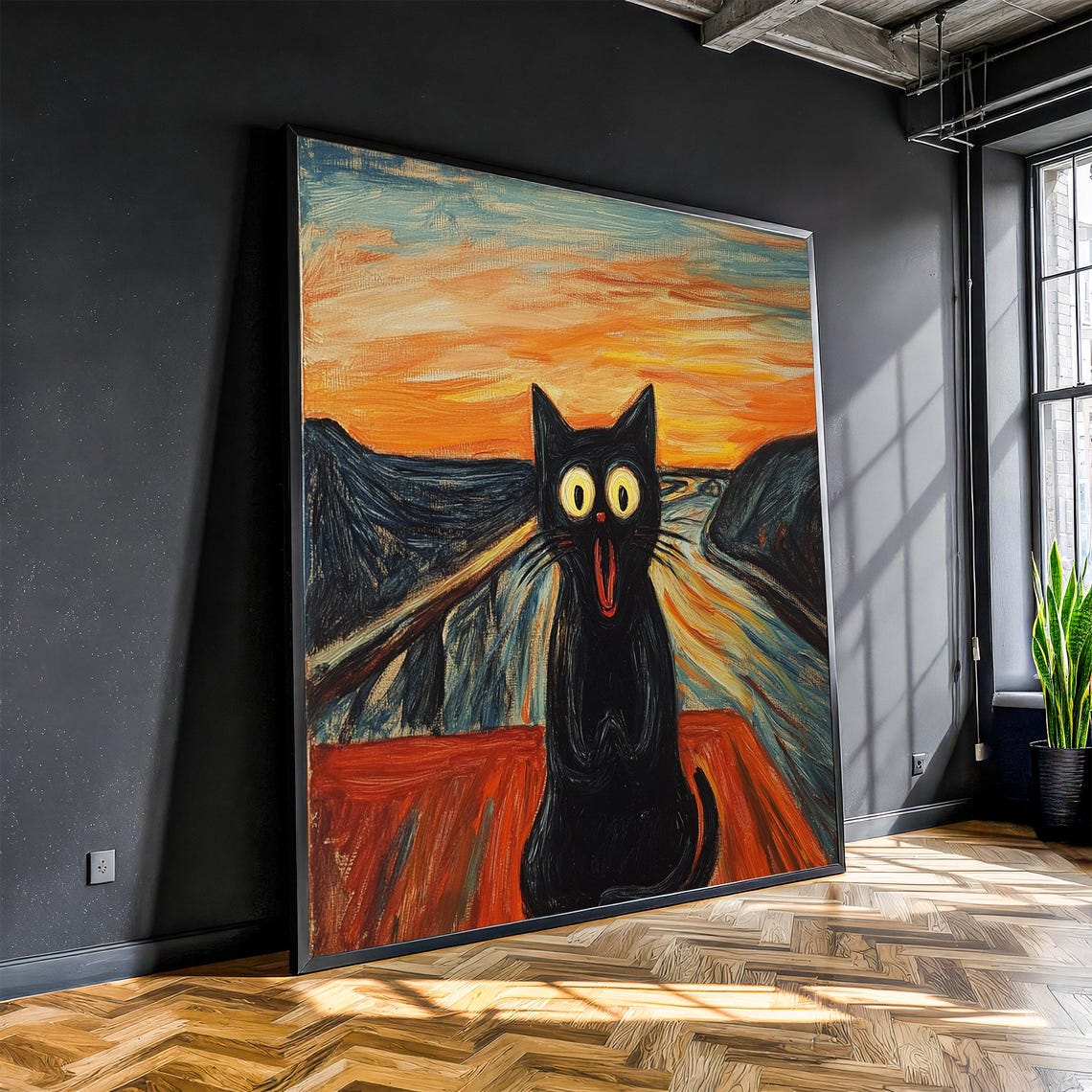 Funny Screaming Black Cat Munch Style Sunset Bridge Parody Poster
