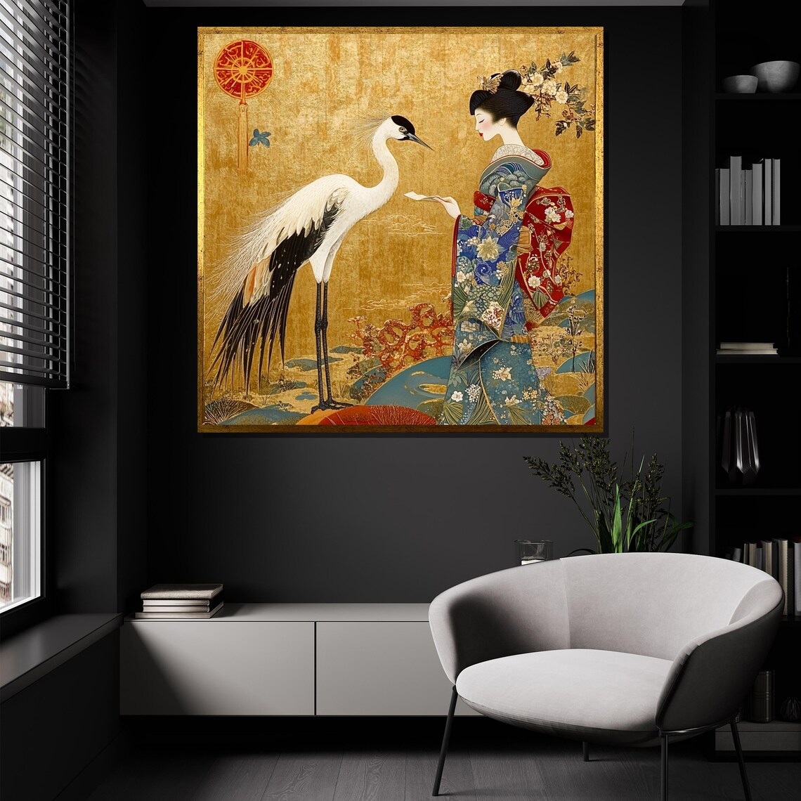 Elegant Geisha In Floral Kimono Feeding White Crane Gold Poster - Image 3