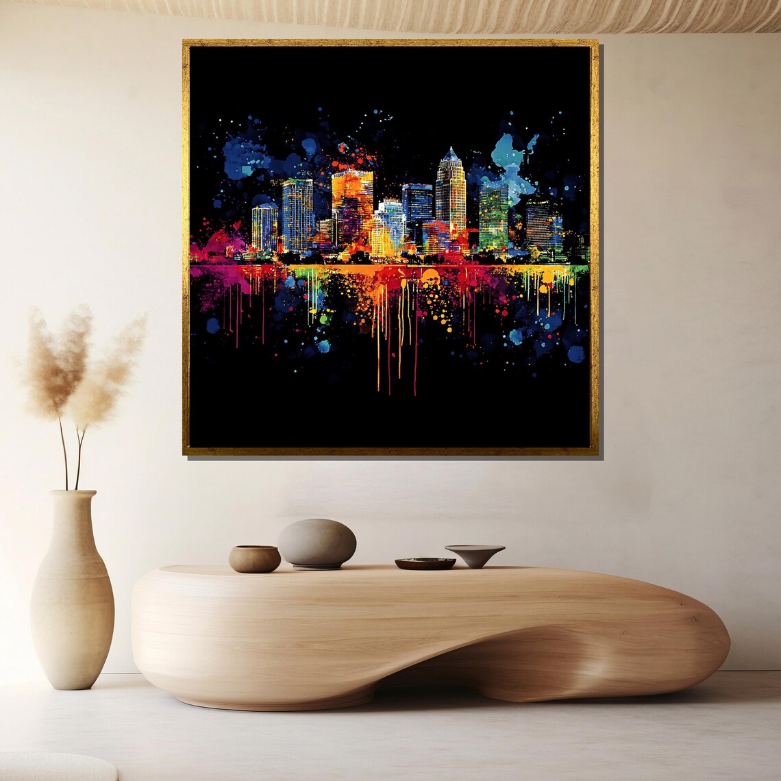 Vibrant Neon Skyline Graffiti Splash City Night Urban Art Poster