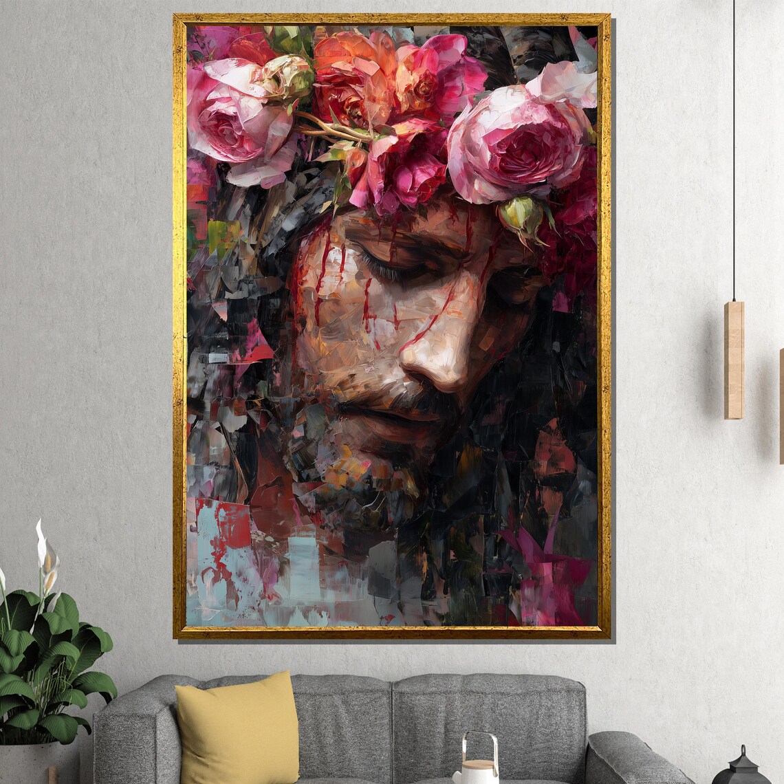Sacred Christ Crown of Roses Floral Portrait Oil Painting Poster