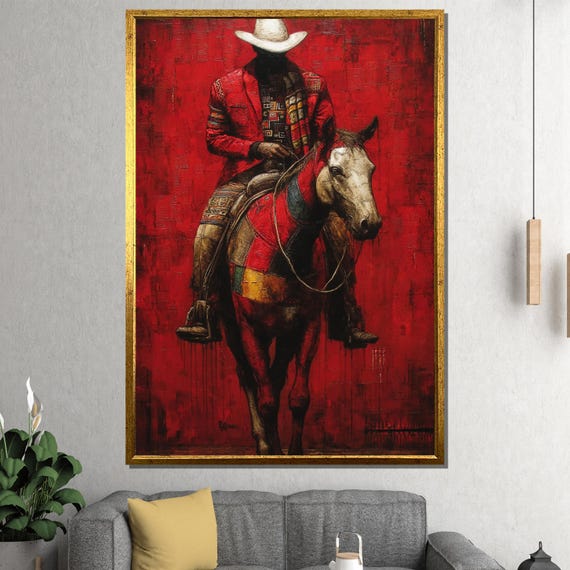 Bold Cowboy Canvas Painting Western Wall Art In Red Tones Ready To Hang Statement Gift Rustic Horse Rider Decor For Modern Homes