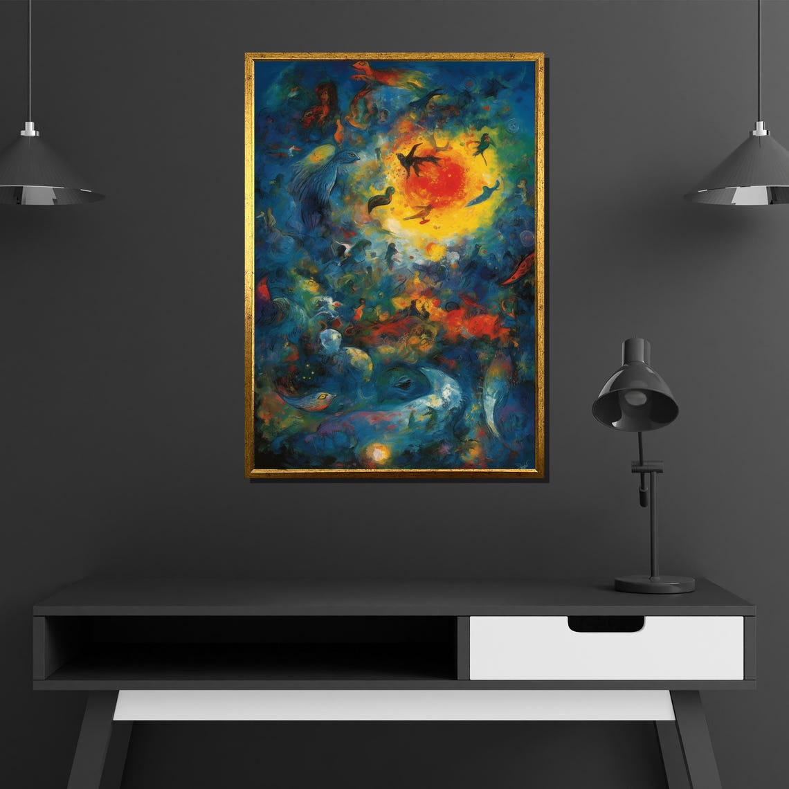 Dreamy Blue Cosmos Birds Sun Surreal Abstract Night Sky Poster - Image 2