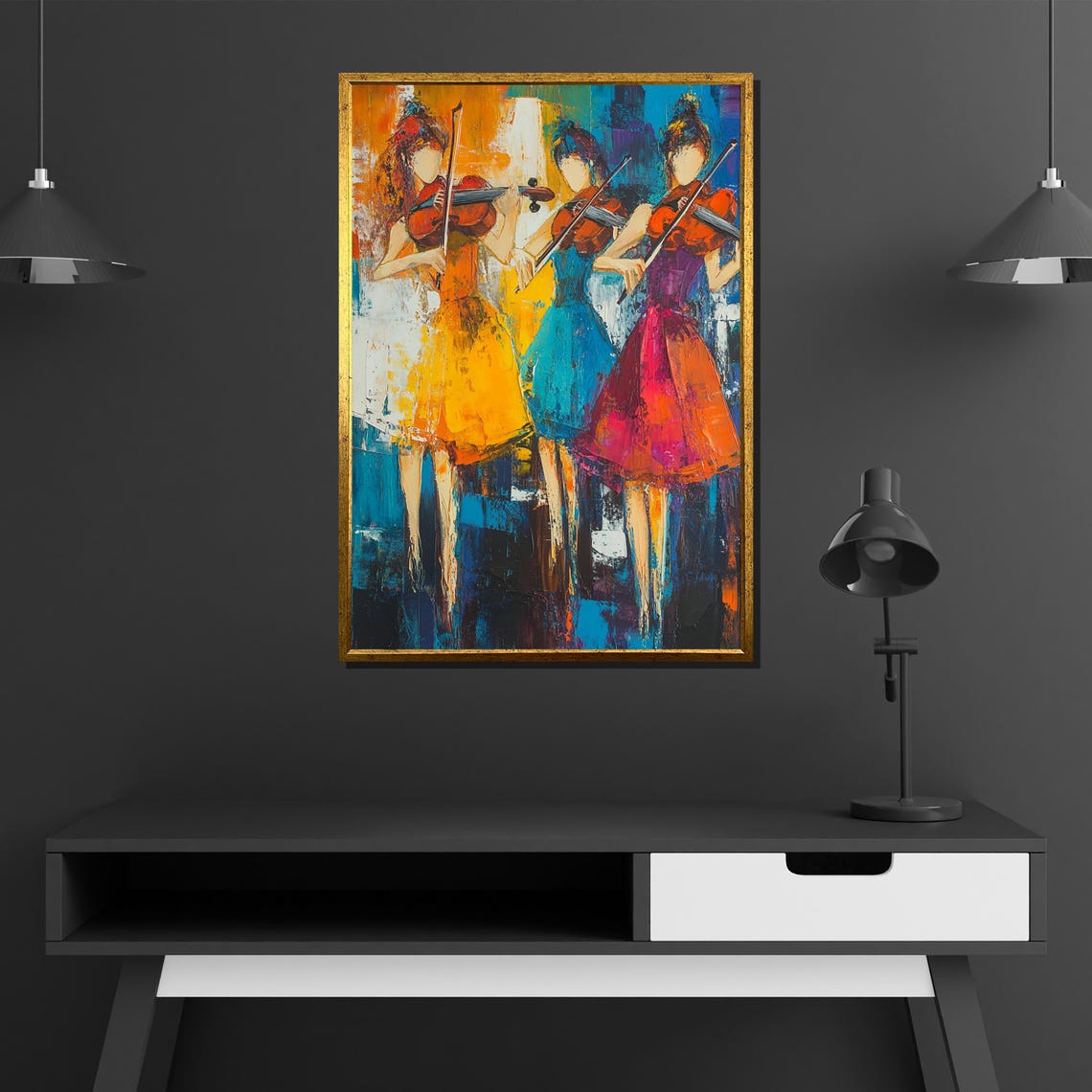 Three Women Violinists Abstract Colorful Oil Painting Music Poster - Image 2
