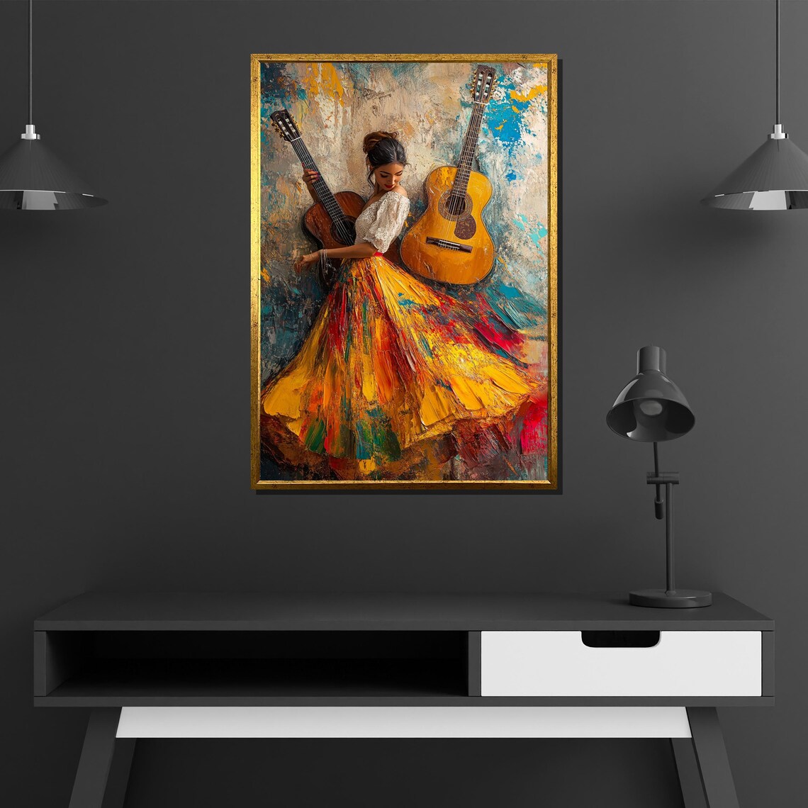 Flamenco Dancer Colorful Skirt Guitars Vibrant Spanish Dance Painting Poster - Image 2