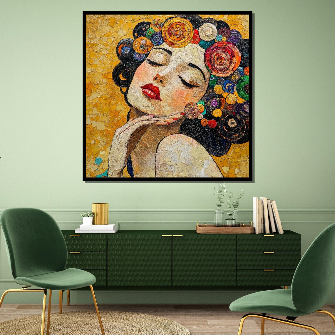 Mosaic Woman Portrait Colorful Spiral Hair Golden Red Lips Art Poster - Image 3