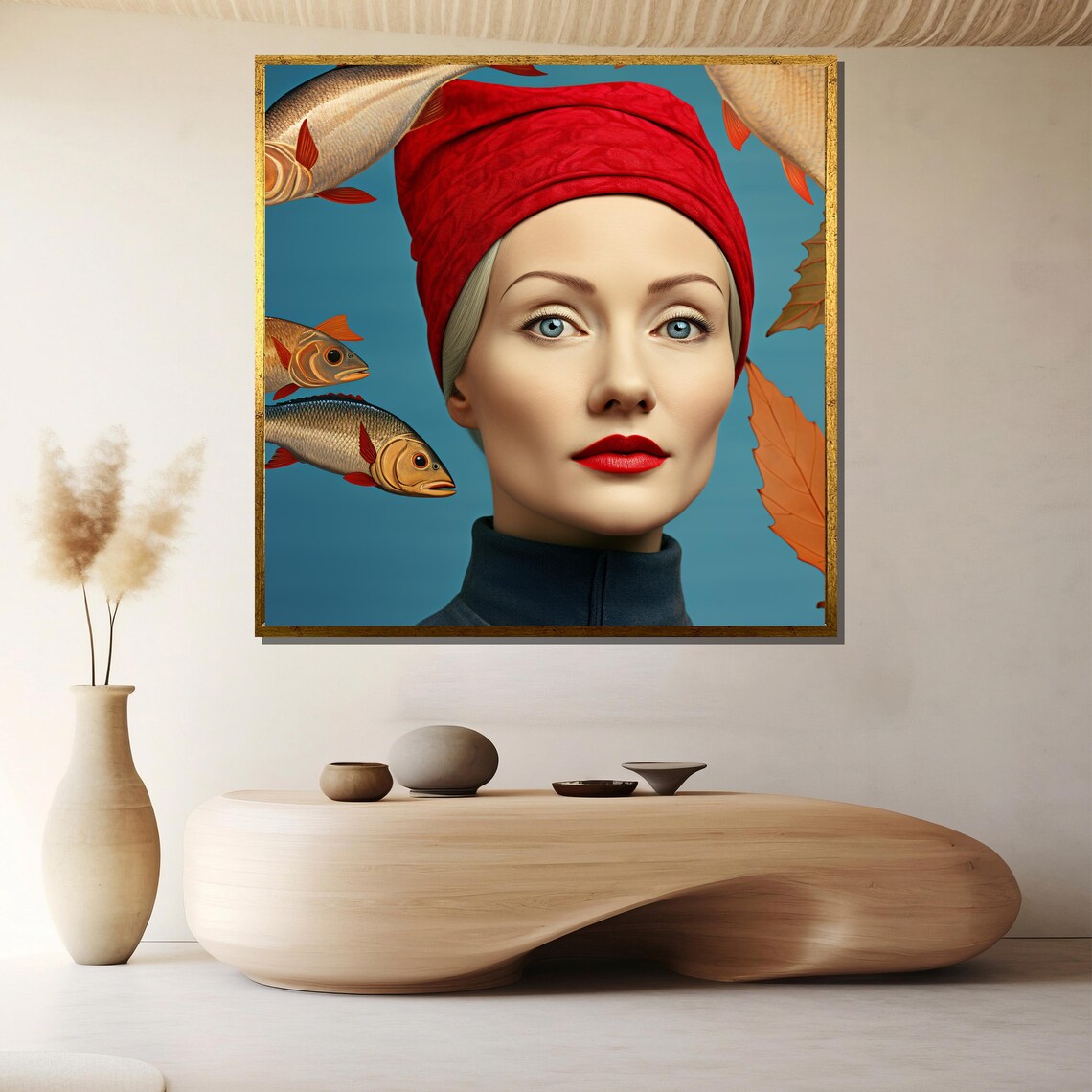 Surreal Woman Red Turban Portrait with Flying Fish Teal Art Poster