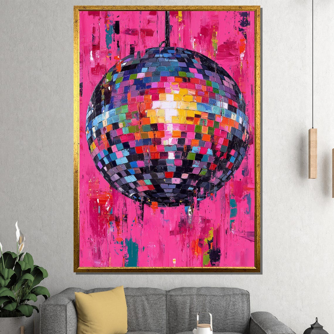 Colorful Disco Ball on Hot Pink Abstract Retro Party Painting Poster