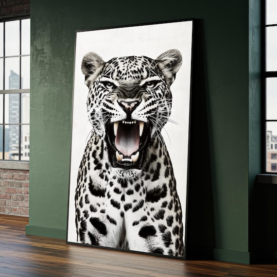 Fierce Snarling Spotted Big Cat Monochrome Wildlife Art Poster