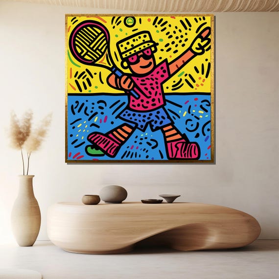 Tennis Player Pop Art Canvas Painting Colorful Sports Wall Ready To Hang Fun Gift For Athletes