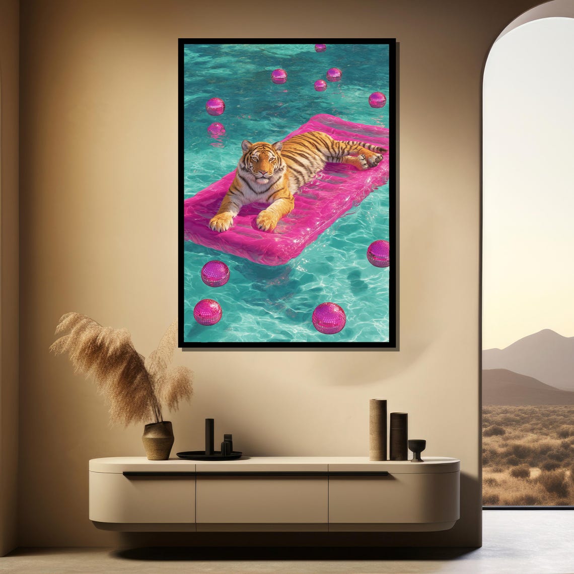 Surreal Tiger Pool Art Pink Disco Dream Canvas Painting Ready To Hang Gift Boho Wall Animal Decor - Image 3