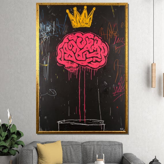 Graffiti Brain With Crown Canvas Painting Bold Street Art Wall Decor Ready To Hang Gift For Him And Urban Lovers