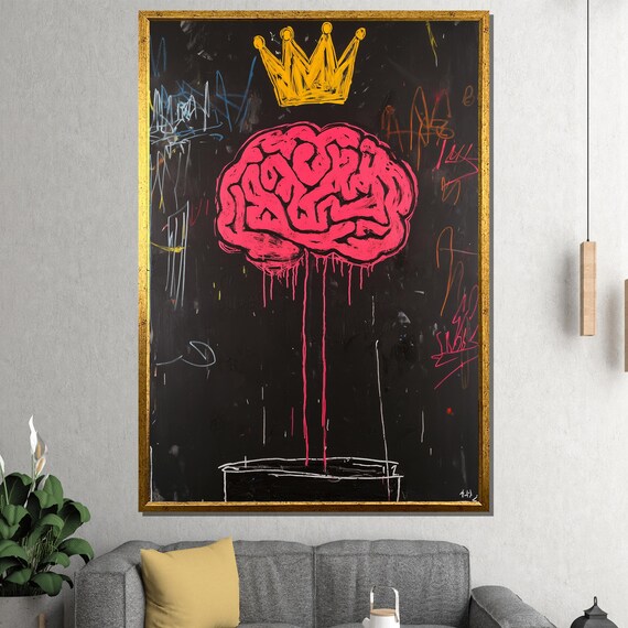 Pink Brain With Golden Crown Bold Graffiti Style Wall Poster