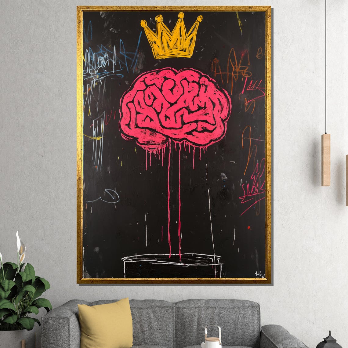 Pink Brain With Golden Crown Bold Graffiti Style Wall Poster