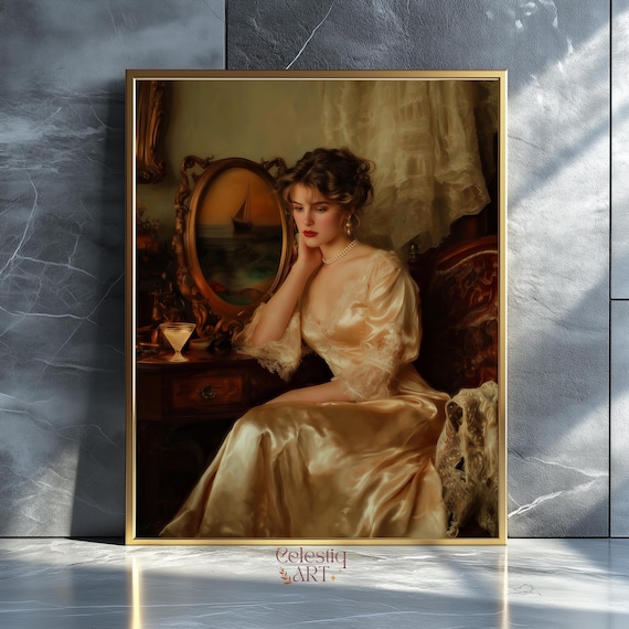 Victorian Woman Oil Painting Print Vintage Gothic Wall Art Dark Academia Decor Baroque Portrait Cocktail Bar Cart