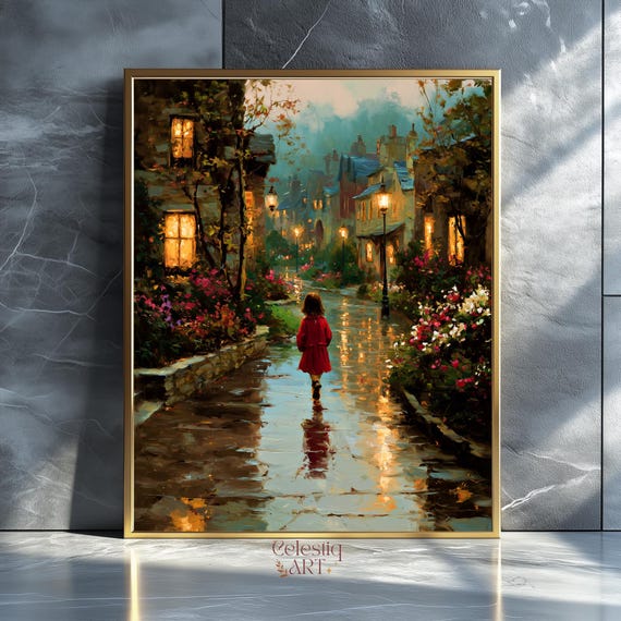 Rainy Village Art Print Little Girl In Red Coat Walking Cozy Nostalgic Wall