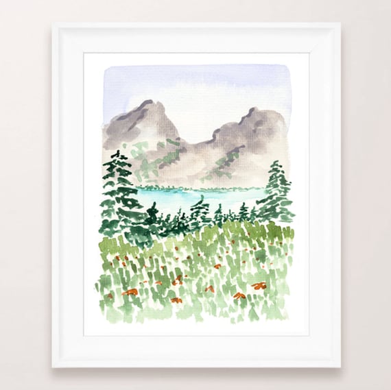 West Coast Mountains Art Print Sabina Fenn Illustration Watercolor Sketchbook Style Pines And Lakeside Banff Inspired Painting Greenery