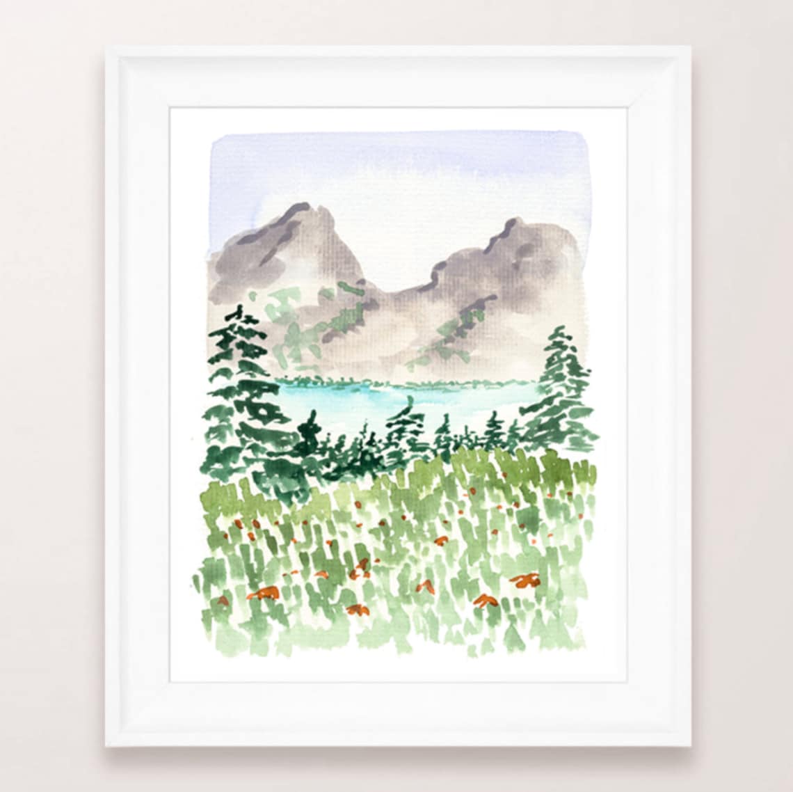Mountain Lake Misty Peaks Evergreen Watercolor Landscape Art Print - Image 2