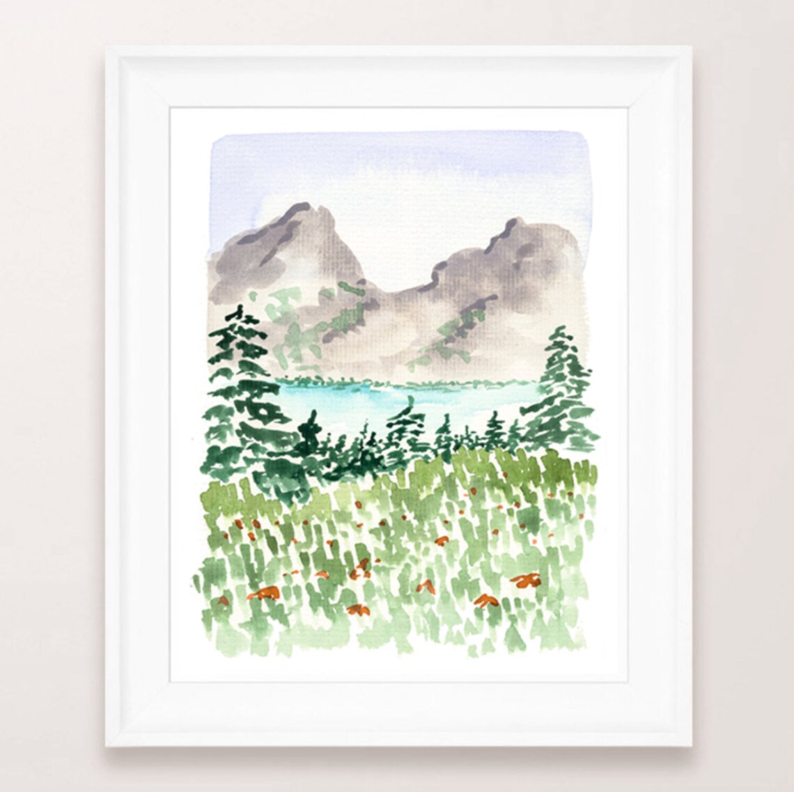 Mountain Lake Pines Wildflower Meadow Watercolor Landscape Art Poster