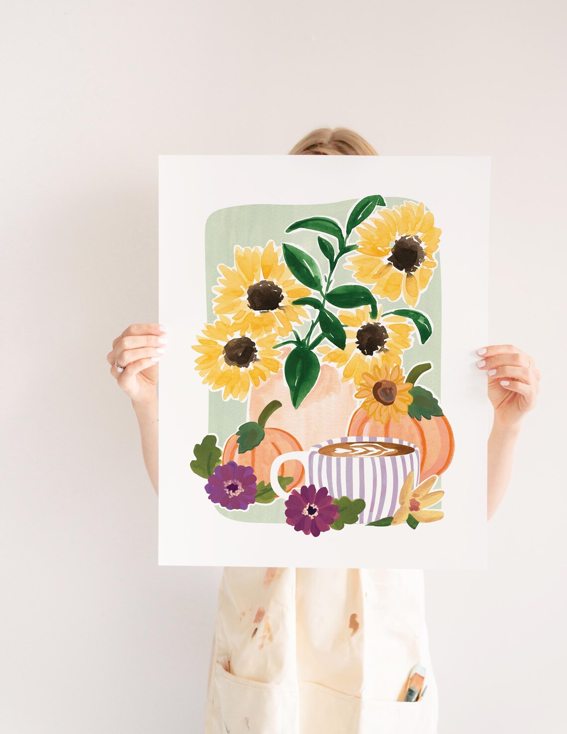 Fall Coffee Still Life with Pumpkins, Sunflowers Art Print - Image 2