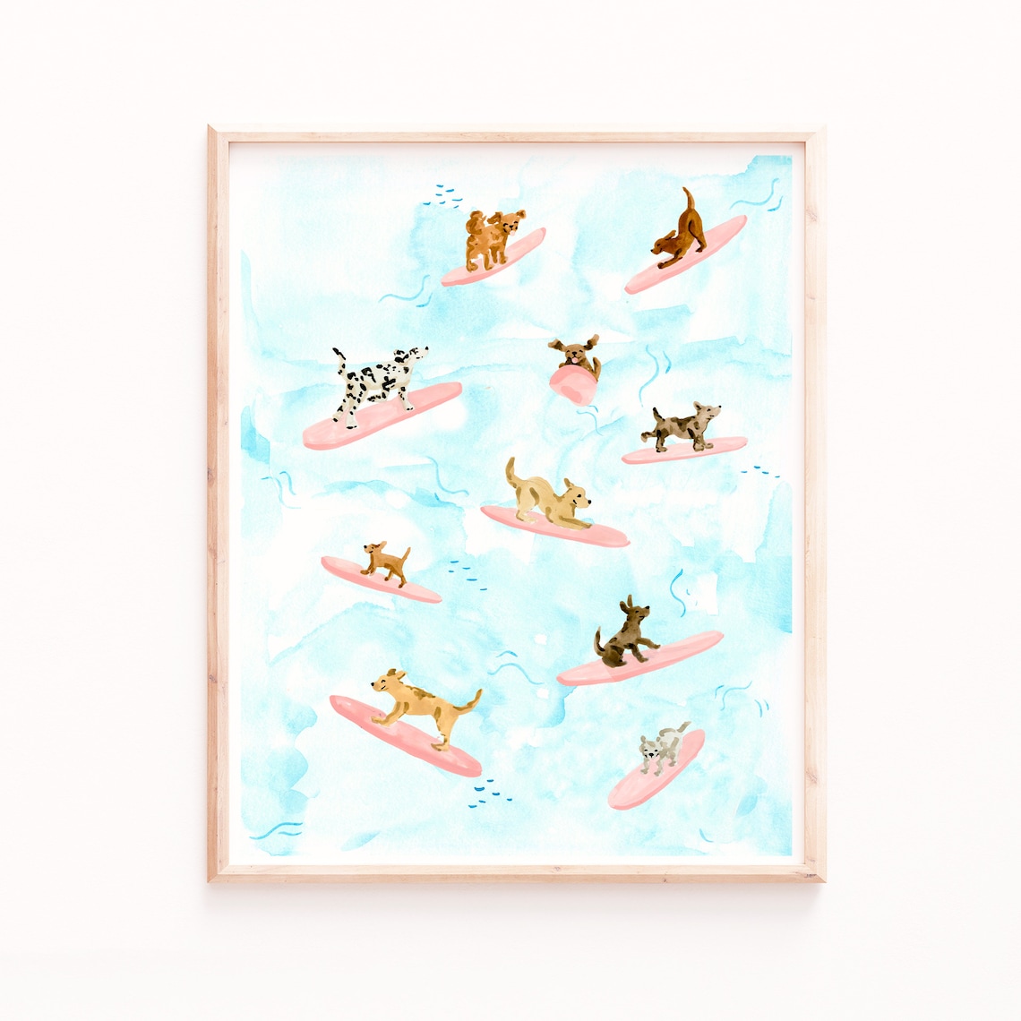 Dogs Surfing Art Print, Watercolor Ocean Dogs