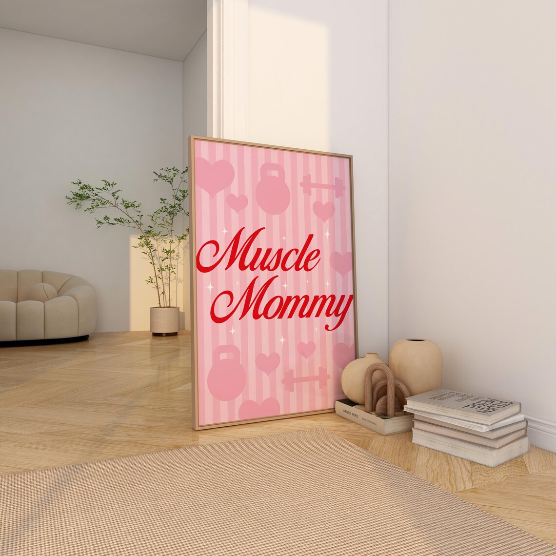 Muscle Mommy Red Script Pink Striped Gym Girl Wall Art Poster - Image 3