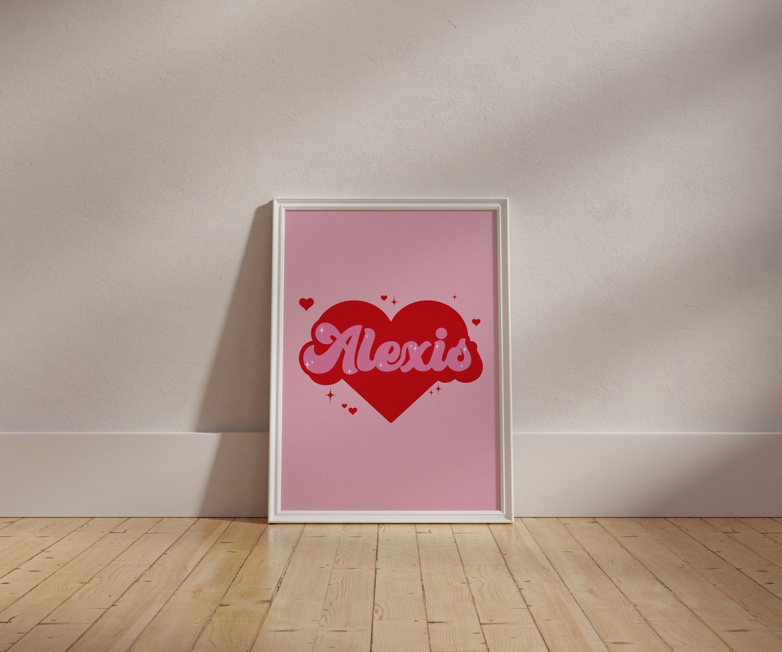 Pink And Red Print Custom Name Red And Pink Print Personalised Name Retro Wall Art Pink And Red Bedroom Decor - Image 4