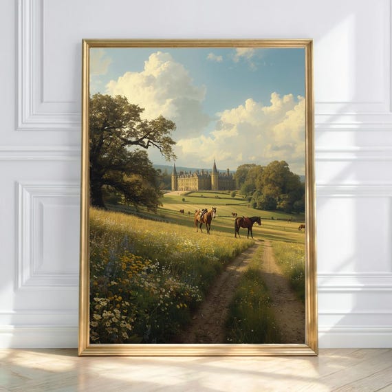Medieval Countryside Path Wall Art Horses In Pasture Print Vintage Castle Landscape
