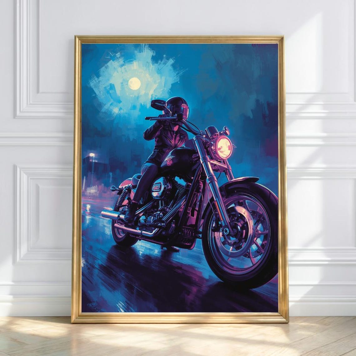 Neon Night Rider Retro Motorcycle Blue Moonlit Street Art Poster