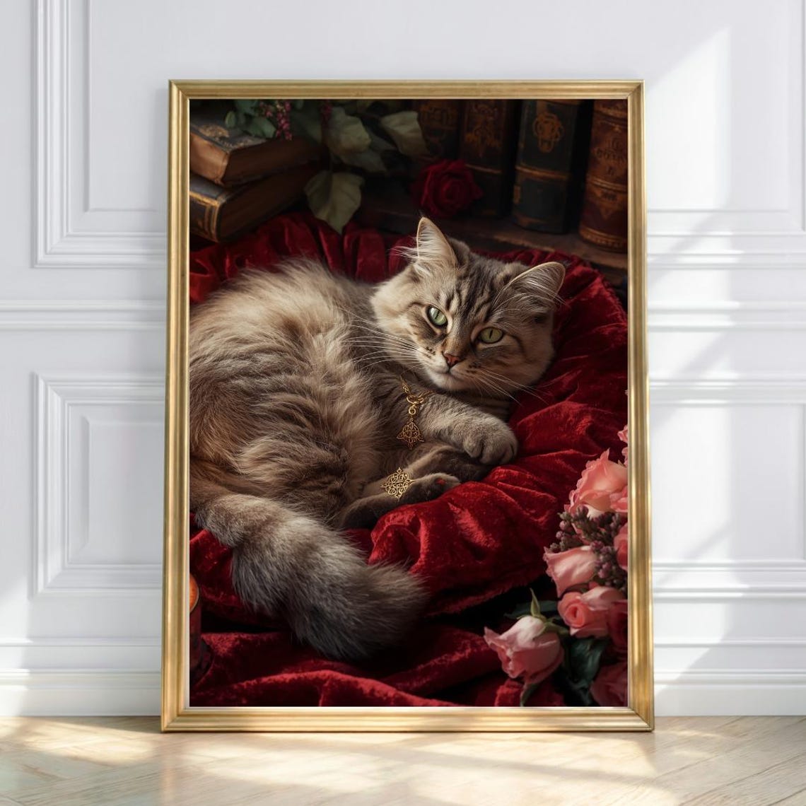 Fluffy Tabby Cat Lounging On Red Velvet With Roses Art Print