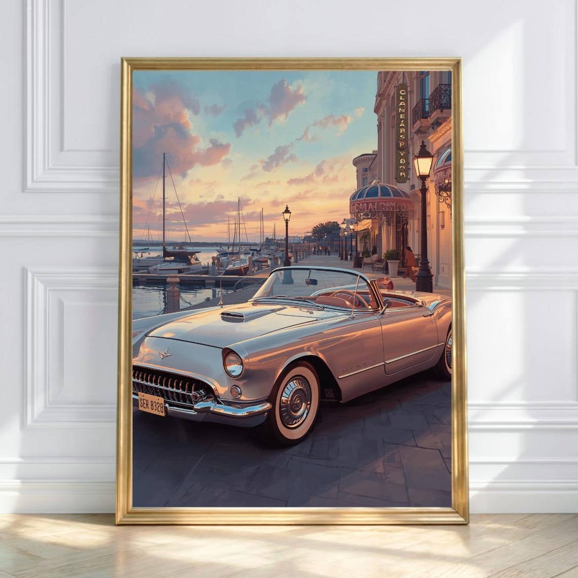 Classic Convertible by Sunset Marina Vintage Car Scene Poster