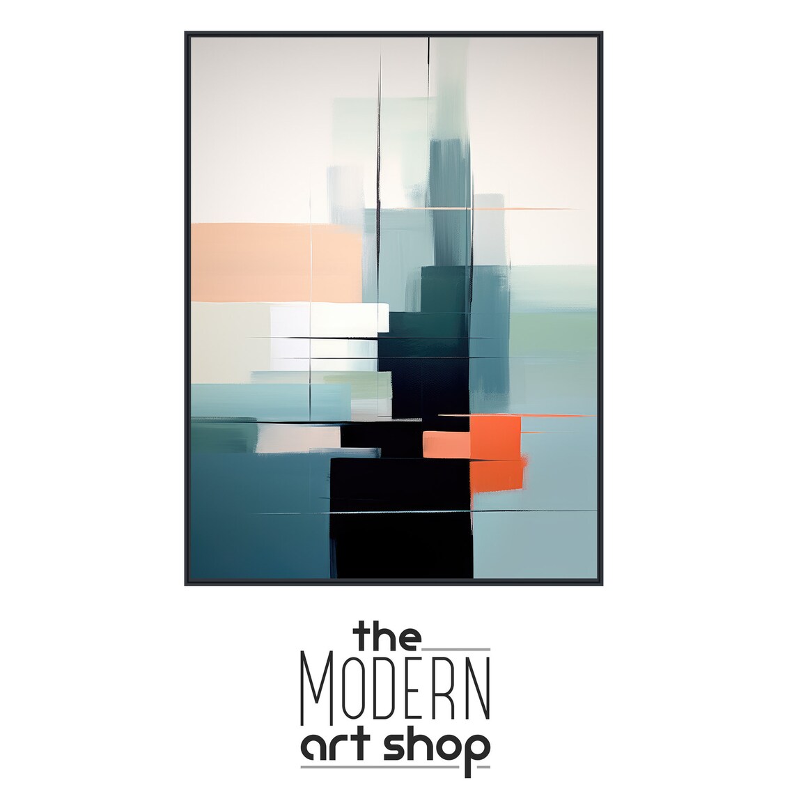 Large Abstract Wall Art Modern Geometric Painting Framed Print Black Teal Orange Quiet Voyage 1 - Image 4