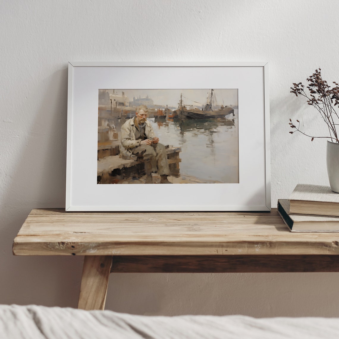 Fisherman Resting On Harbor Dock Vintage Nautical Painting Poster - Image 3