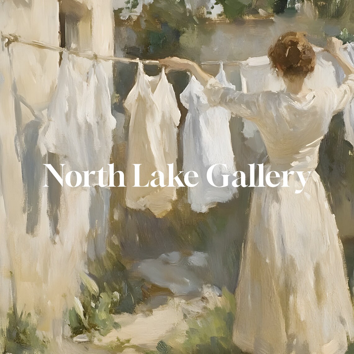 Woman Hanging Laundry On Line Sunny Garden Vintage Painting Poster - Image 6